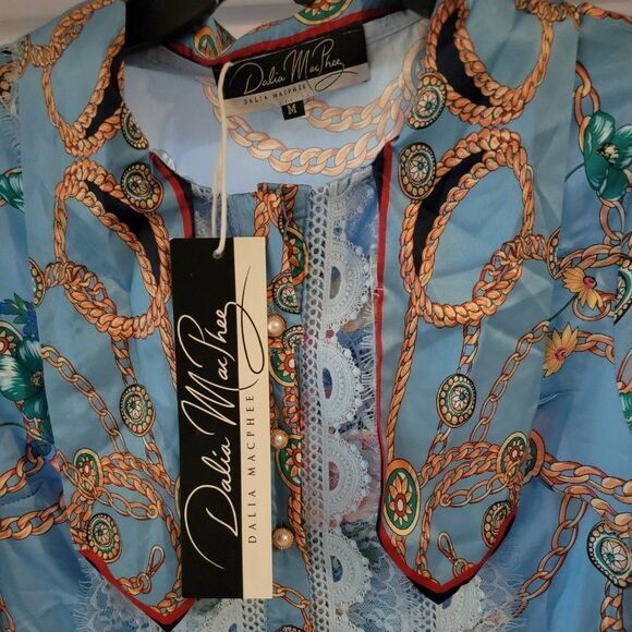 Dalia Macphee Women Lace Mosaic High Waist Long Sleeve Pleated Print Dre… - Picture 10 of 16